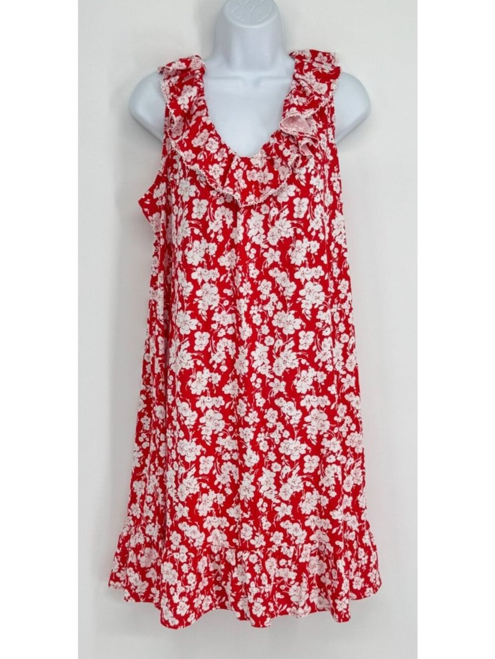 Lauren Ralph Lauren Women M Red White Floral Ruffle Sleeveless Nightgown